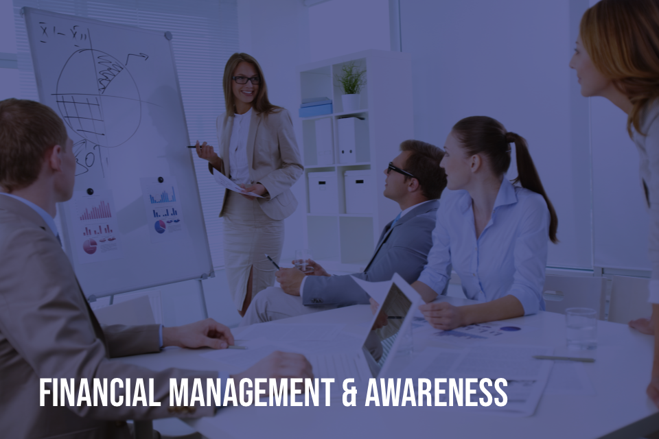 Woman at whiteboard with text overlay "financial management and awareness".
